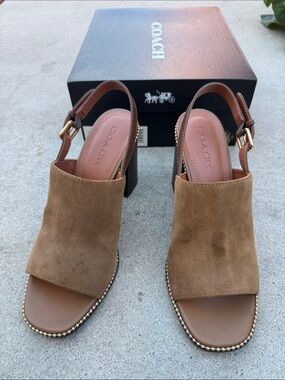 COACH Maxine Raw Umbra Brown Suede Open-Toe Slingback Block Heel Mules Size 11